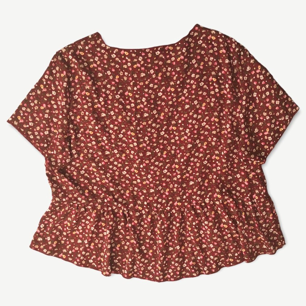 Shein Burgundy Babydoll Ditsy Floral Ruffle Blouse size 3XL